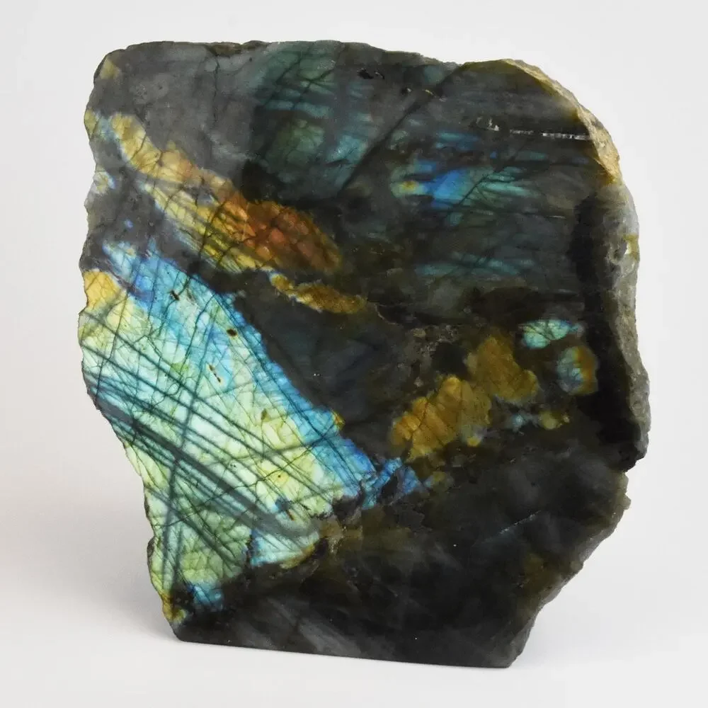 Iridescent Labradorite Standup Mineral Specimen: Polished Face, Flame Flash